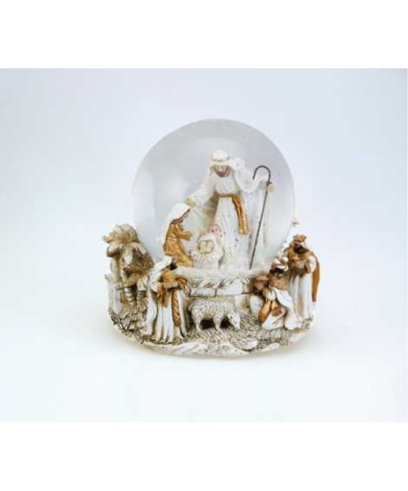 Complete White Nativity Scene - Snow Globe