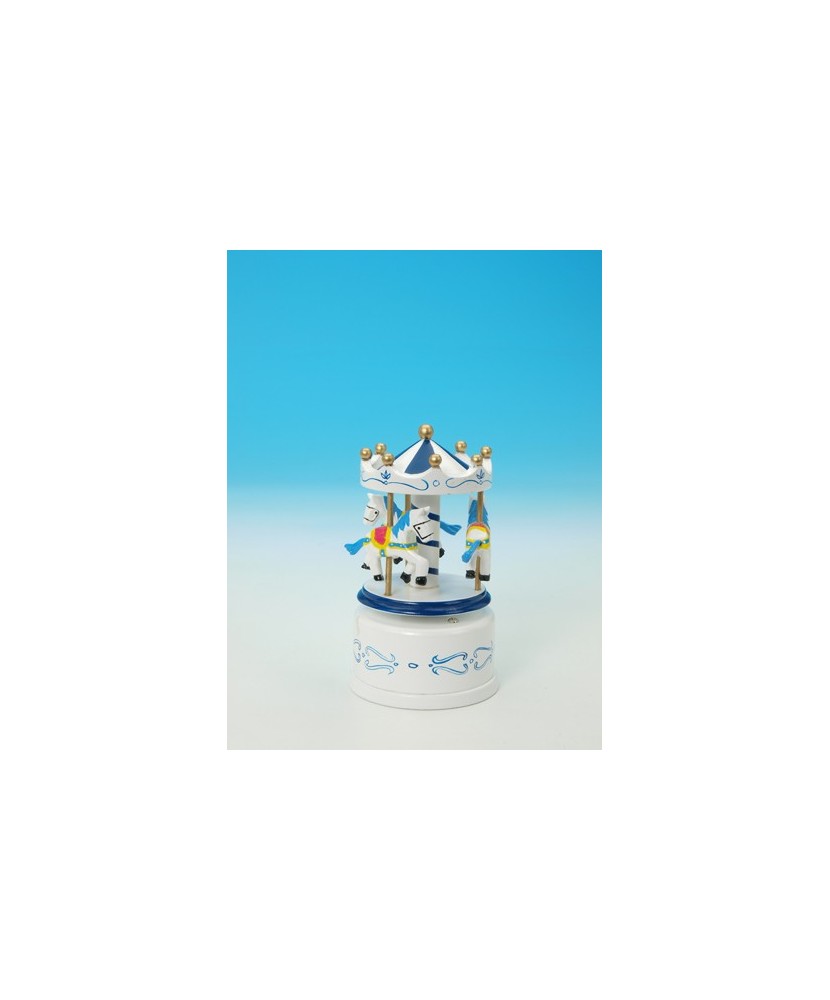Carrossel Pequeno Azul e Branco em madeira - Caixa de Música