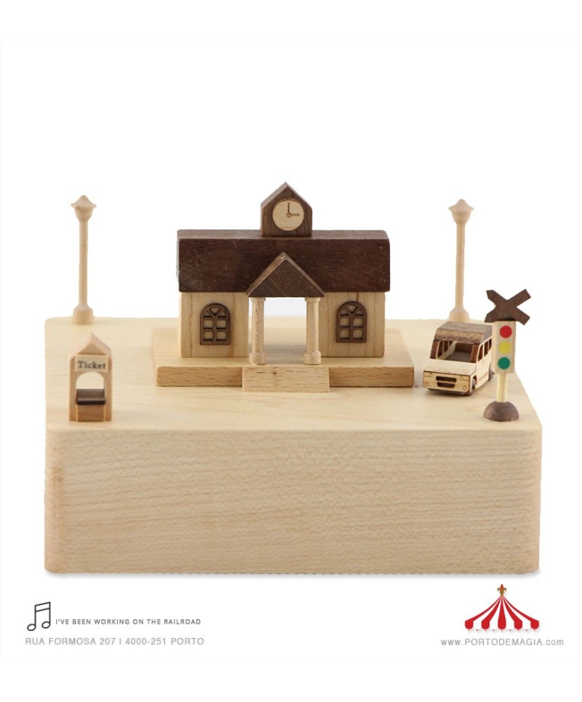 Wooden Train Station Music Box