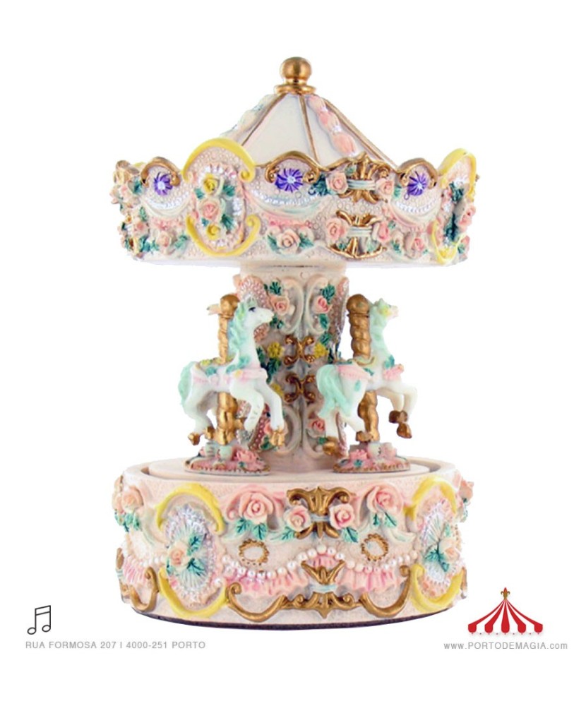 Medium Carousel Cream with Flowers - Music Box