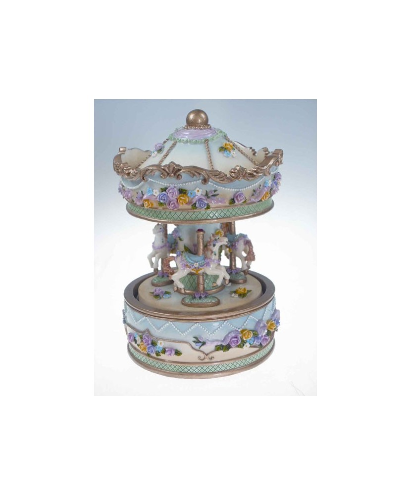 Medium Blue Carousel with Flowers - Music Box