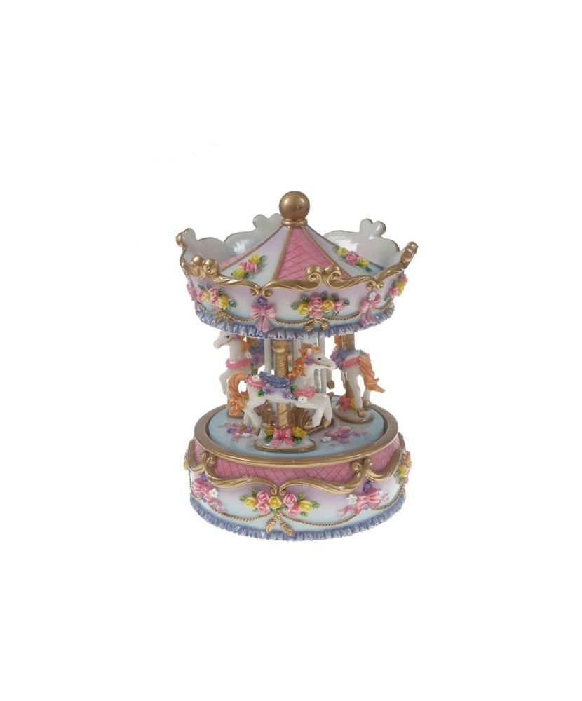 Medium Blue and Pink Carousel with Flowers - Music Box